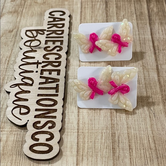 Handmade Jewelry - Pearlescent Butterfly Stud Earrings with Hot Pink Accents